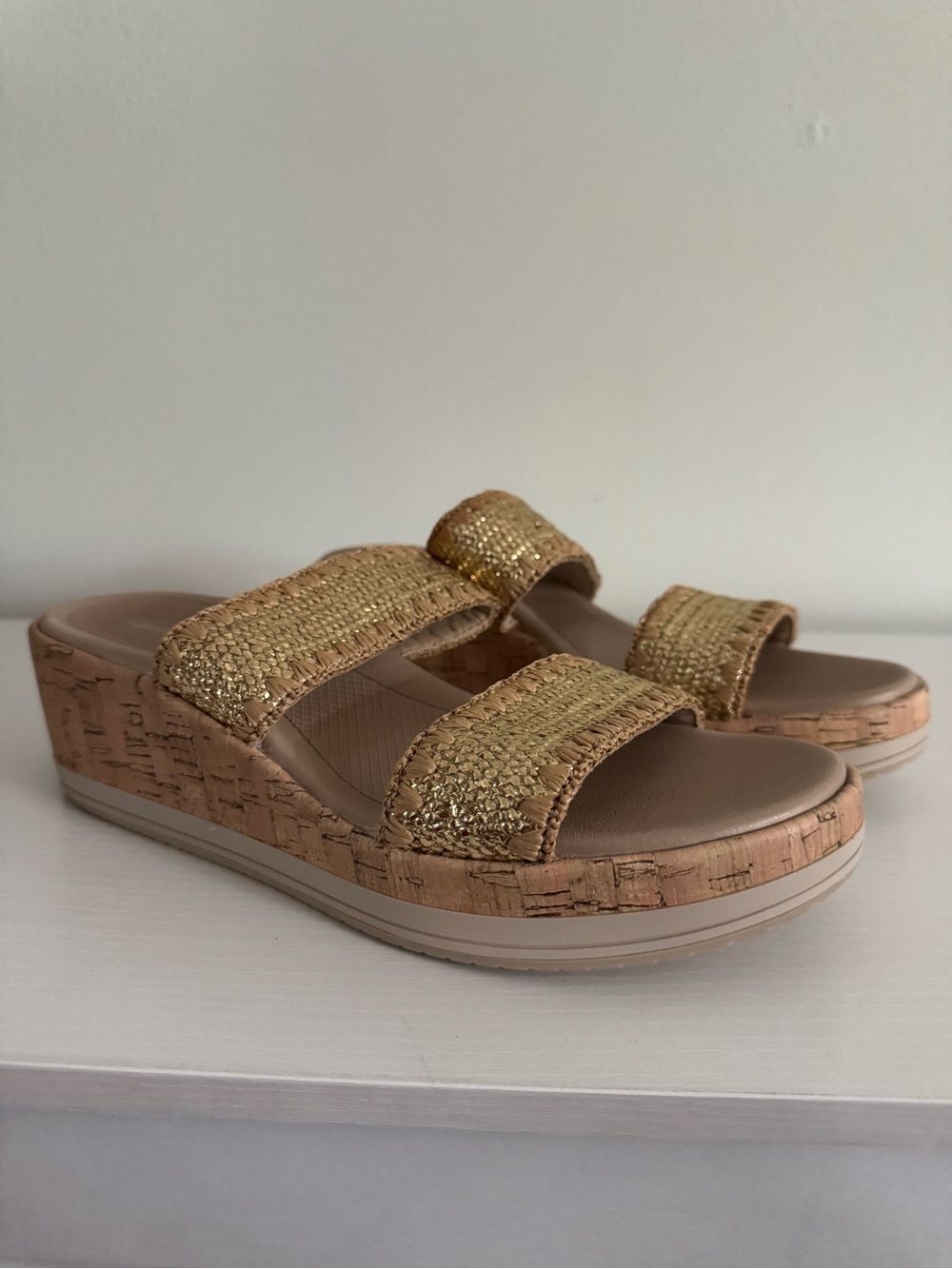 Life Stride Gold Glitter Cork Wedge Slide Sandals